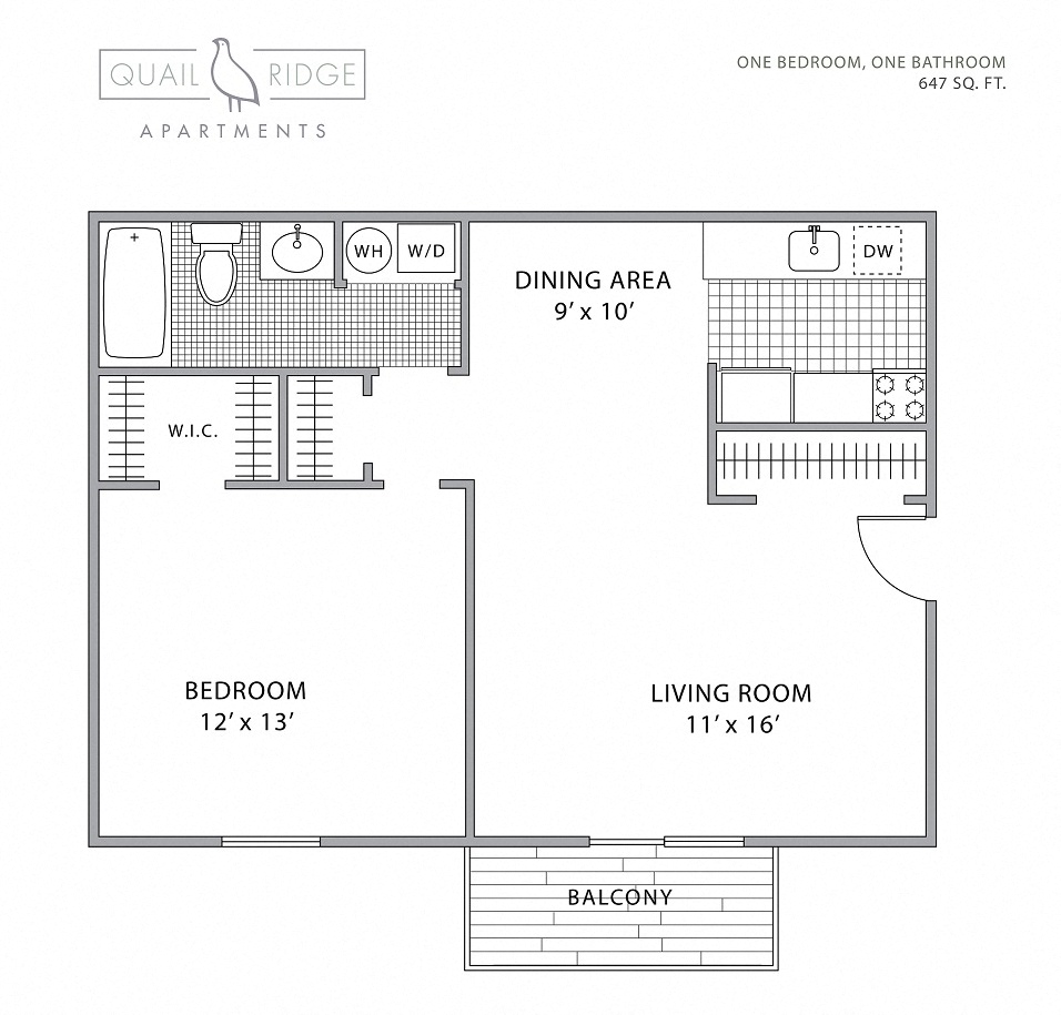 Floor plan for 1 bed, 1 bath, 647 sqft